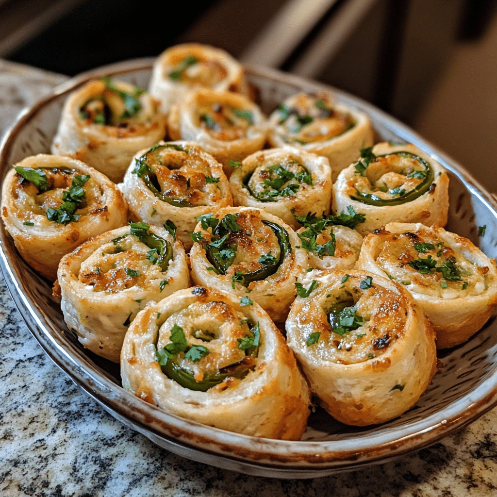 Homemade antojitos - jalapeno + cream cheese baked pinwheels in a serving dish in a bright kitchen