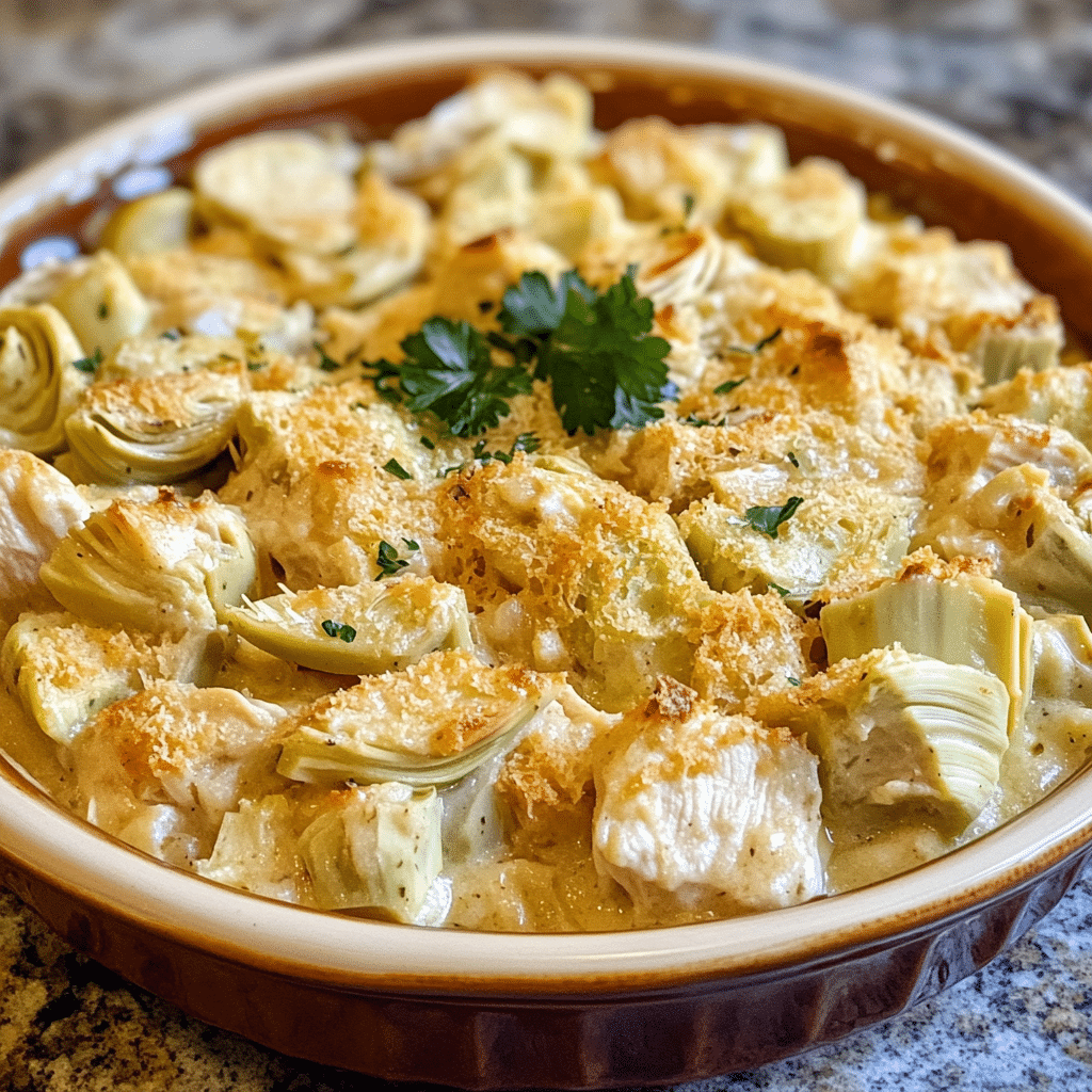 Homemade artichoke chicken casserole recipe in a serving dish in a bright kitchen