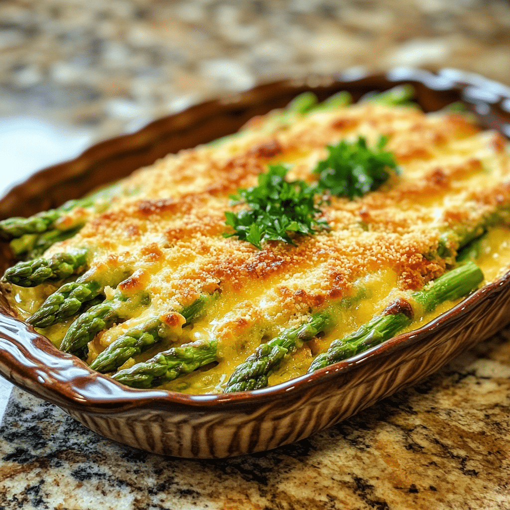 Homemade asparagus casserole (video) - natashaskitchen.com in a serving dish in a bright kitchen