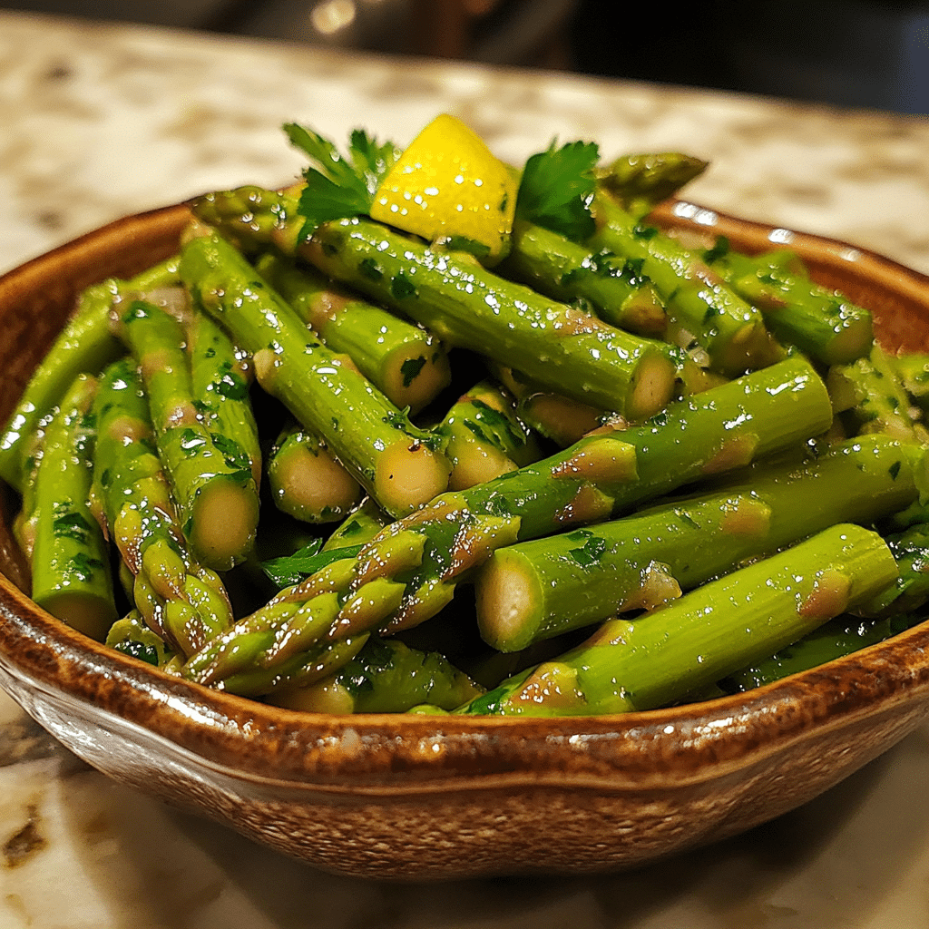 Homemade asparagus salad with lemon vinaigrette (new easter side dish!) in a serving dish in a bright kitchen