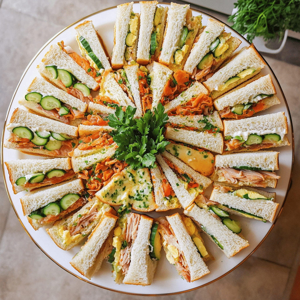 assorted finger sandwiches on a platter cut into triangles