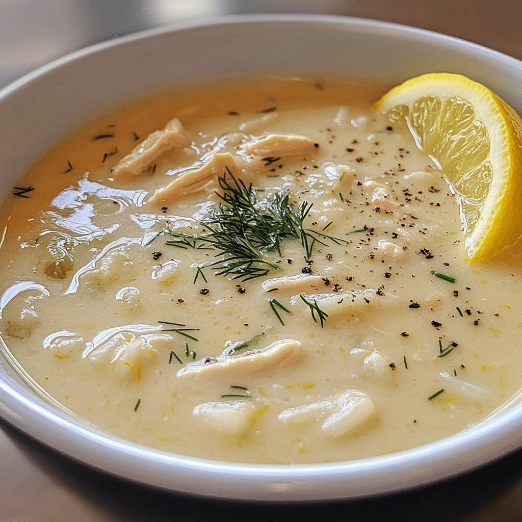 Bowl of creamy avgolemono Greek lemon chicken soup with rice, dill, and lemon