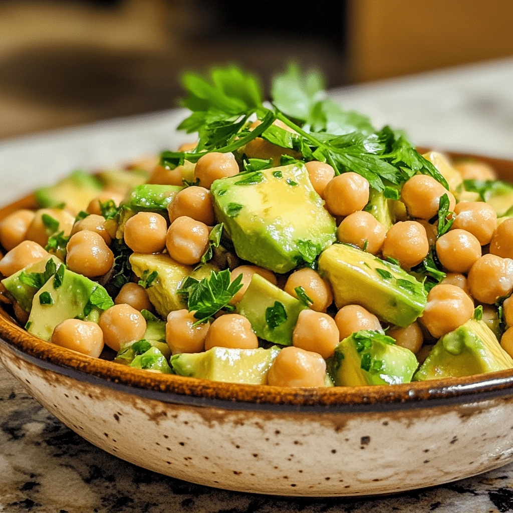 Homemade avocado chickpea salad - something nutritious in a serving dish in a bright kitchen