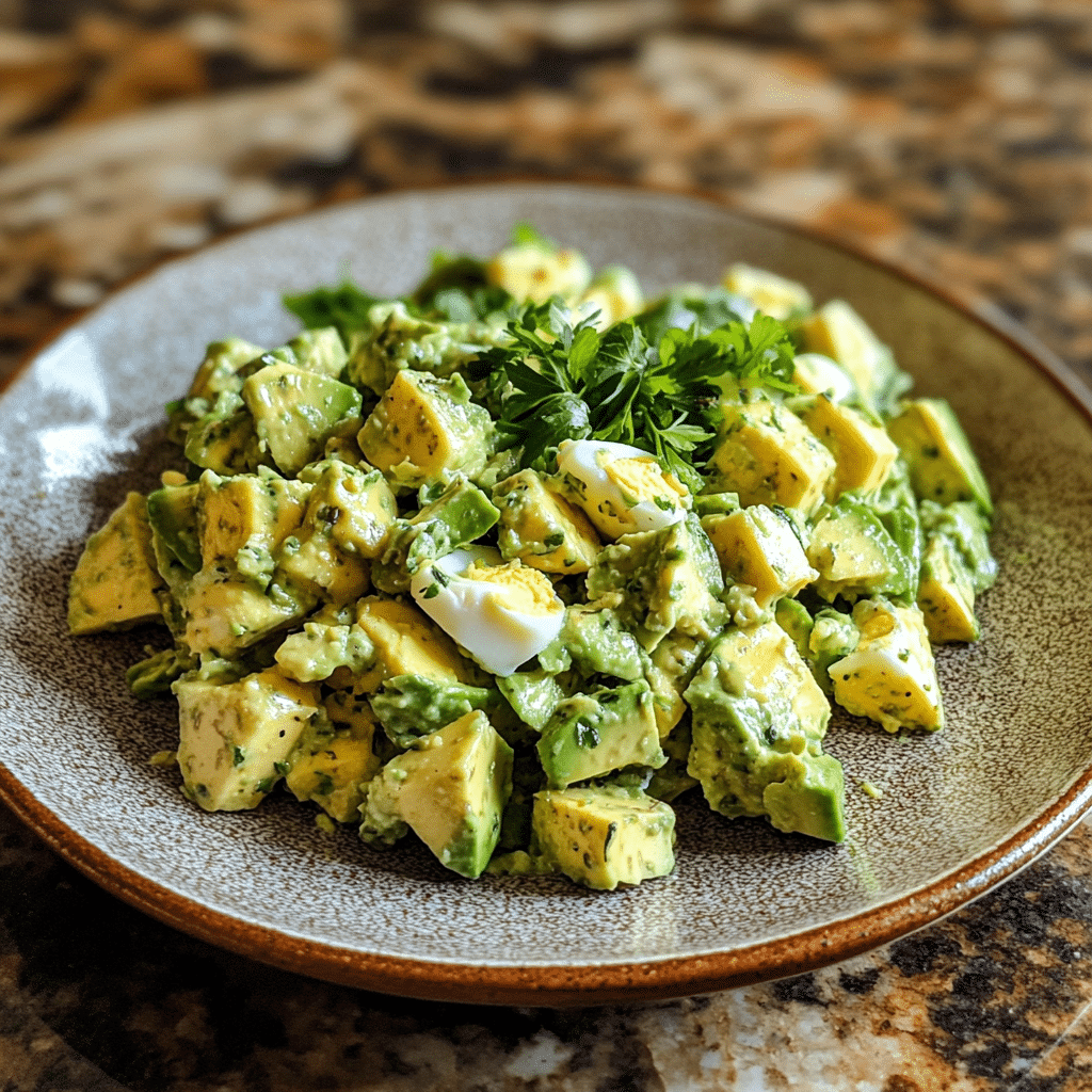 Homemade avocado egg salad served in a dish in a bright kitchen