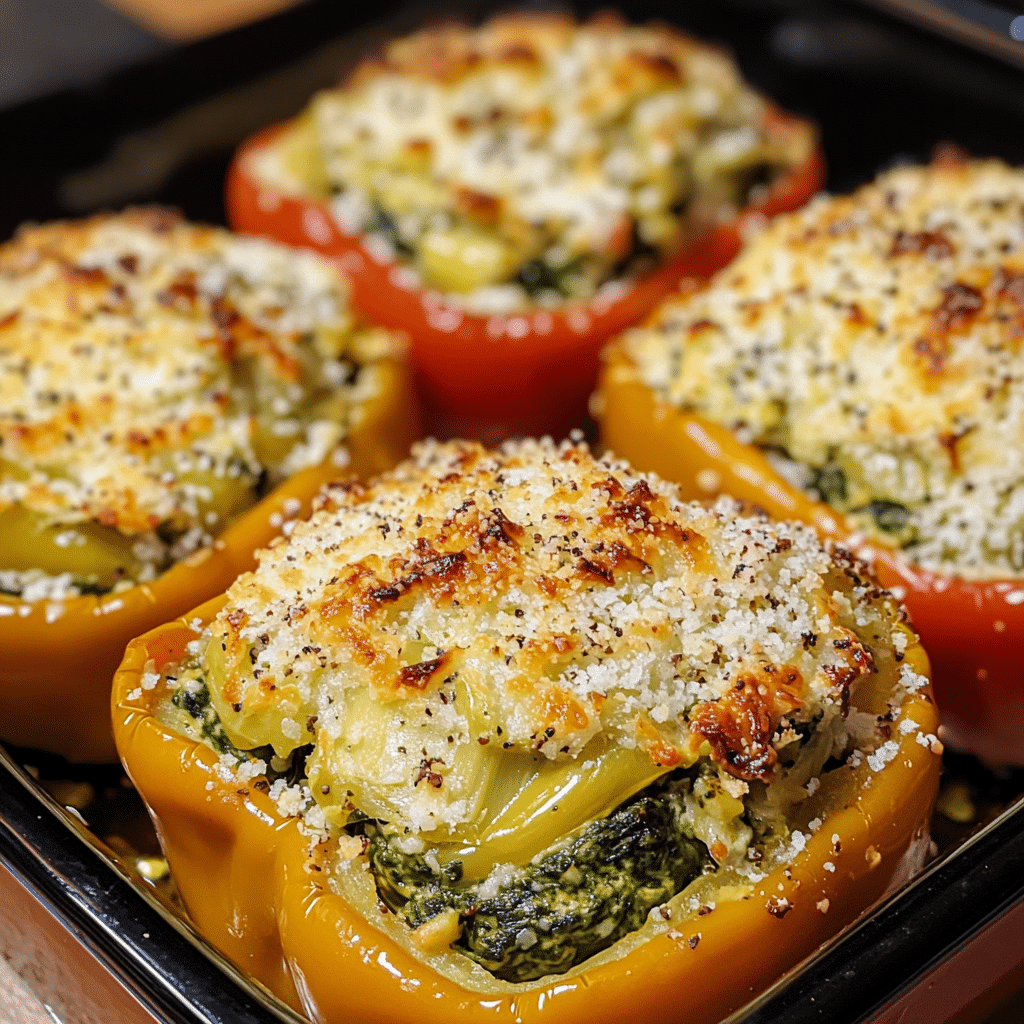 spinach artichoke stuffed peppers baked with creamy filling