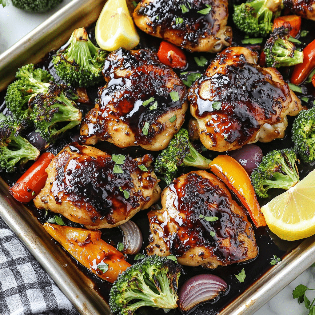 Sheet pan balsamic glazed chicken pieces with roasted broccoli, bell peppers, and red onion