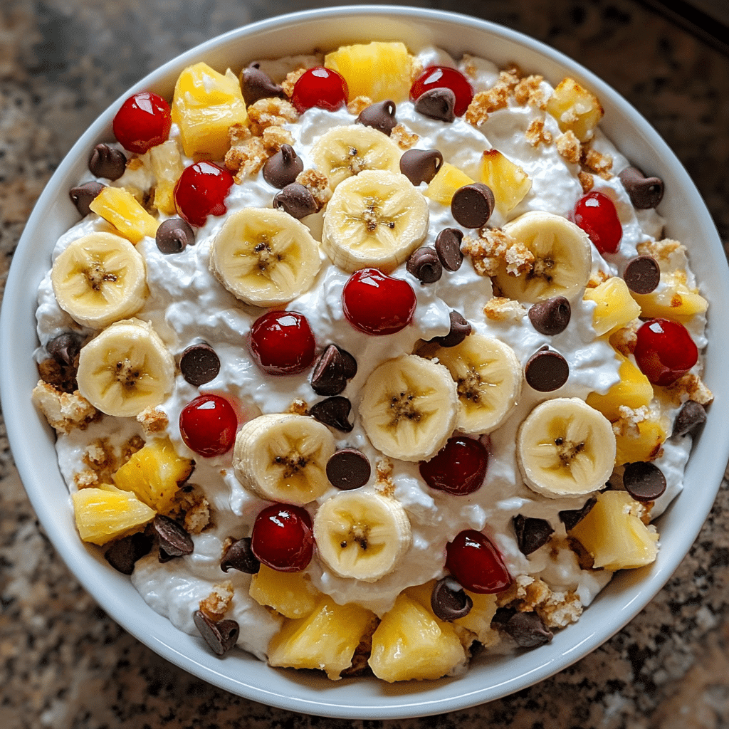 banana split fluff salad in a bowl with bananas pineapple cherries and chocolate chips