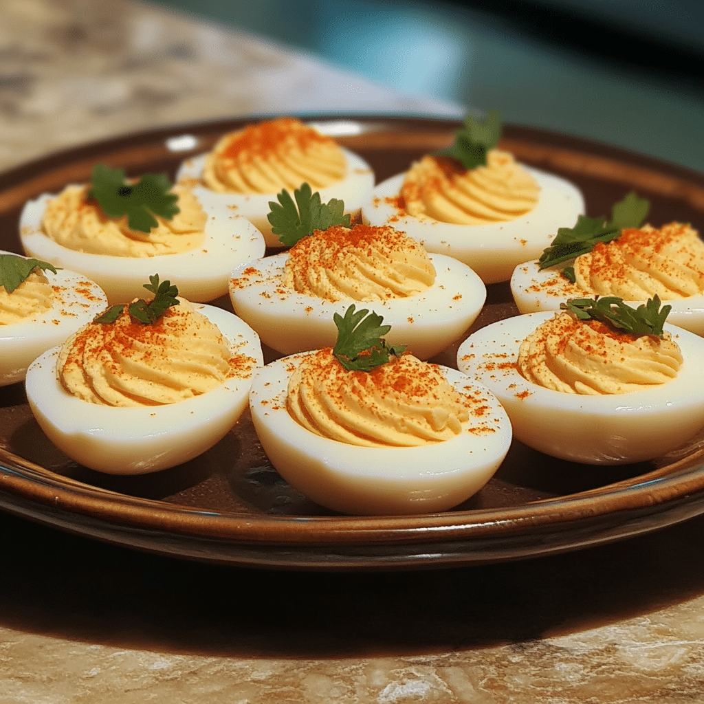 Homemade best deviled eggs served in a dish in a bright kitchen