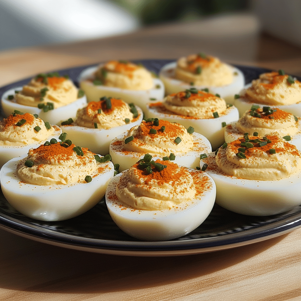 Platter of homemade deviled eggs with paprika and chives