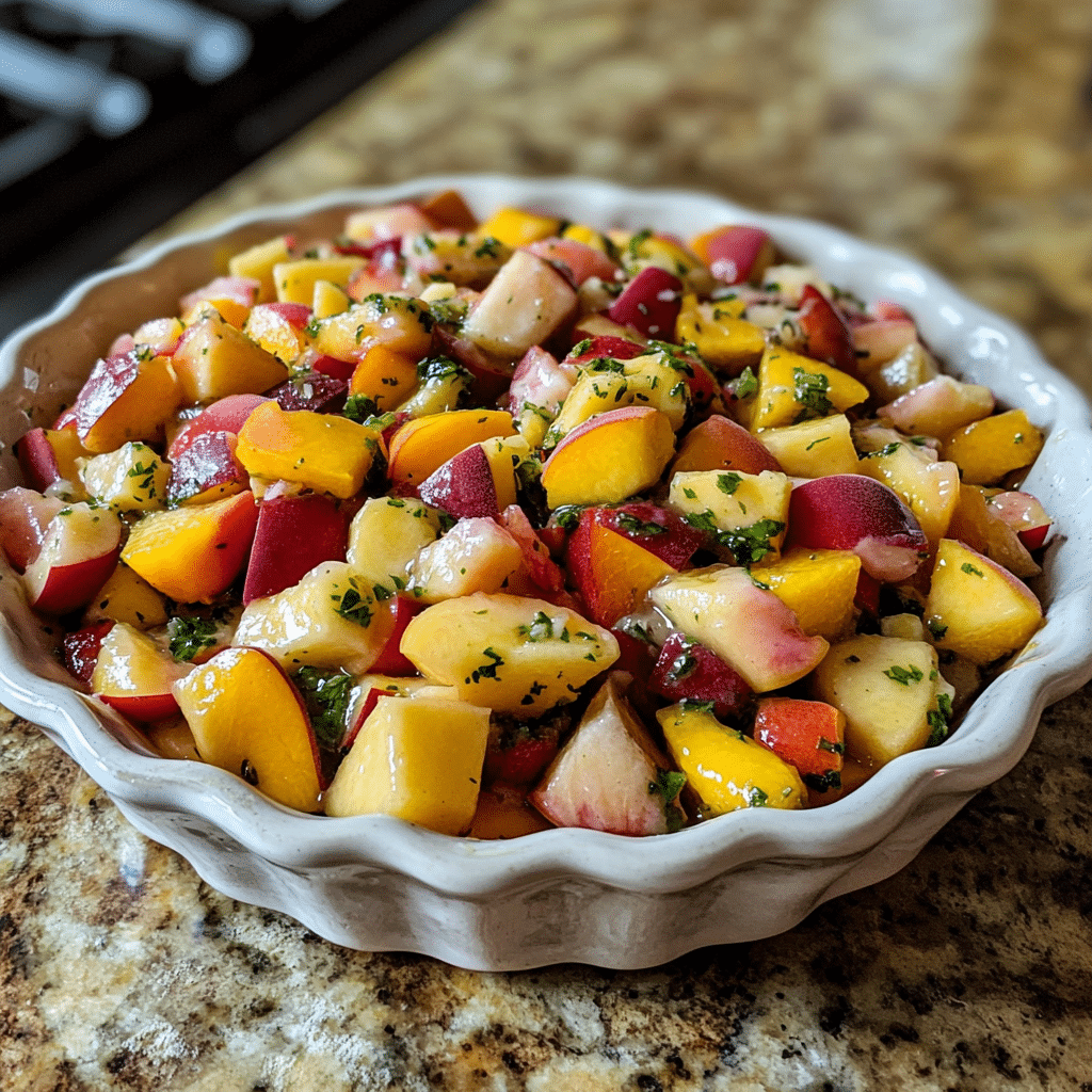 Homemade best easter fruit salad with peach pie filling in a serving dish in a bright kitchen