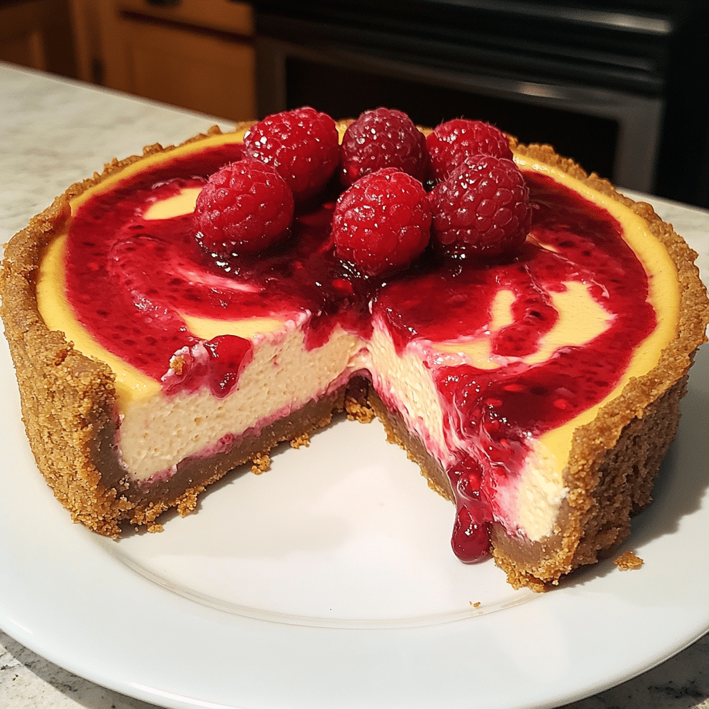Slice of baked raspberry cheesecake with raspberry swirl and fresh raspberries on a plate