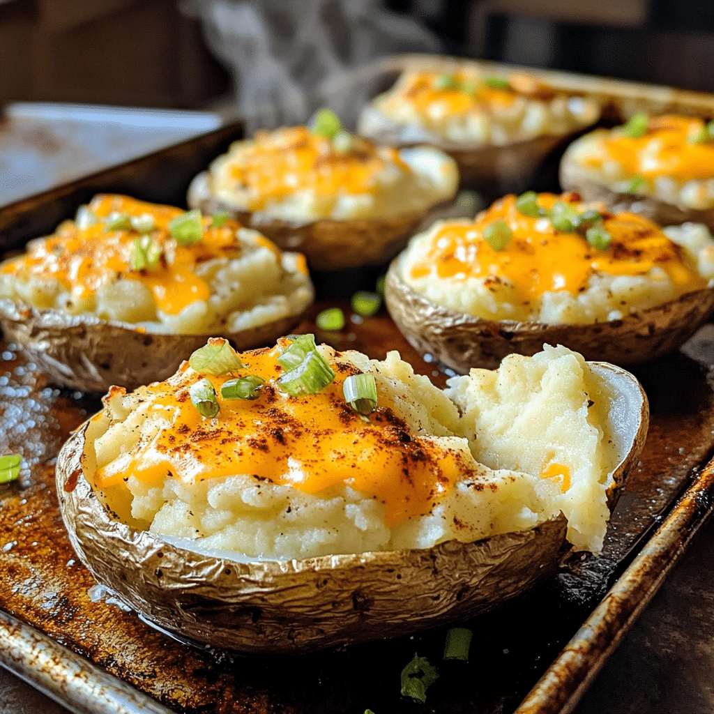 Loaded twice baked potatoes topped with melted cheddar-style cheese and green onions on a baking sheet