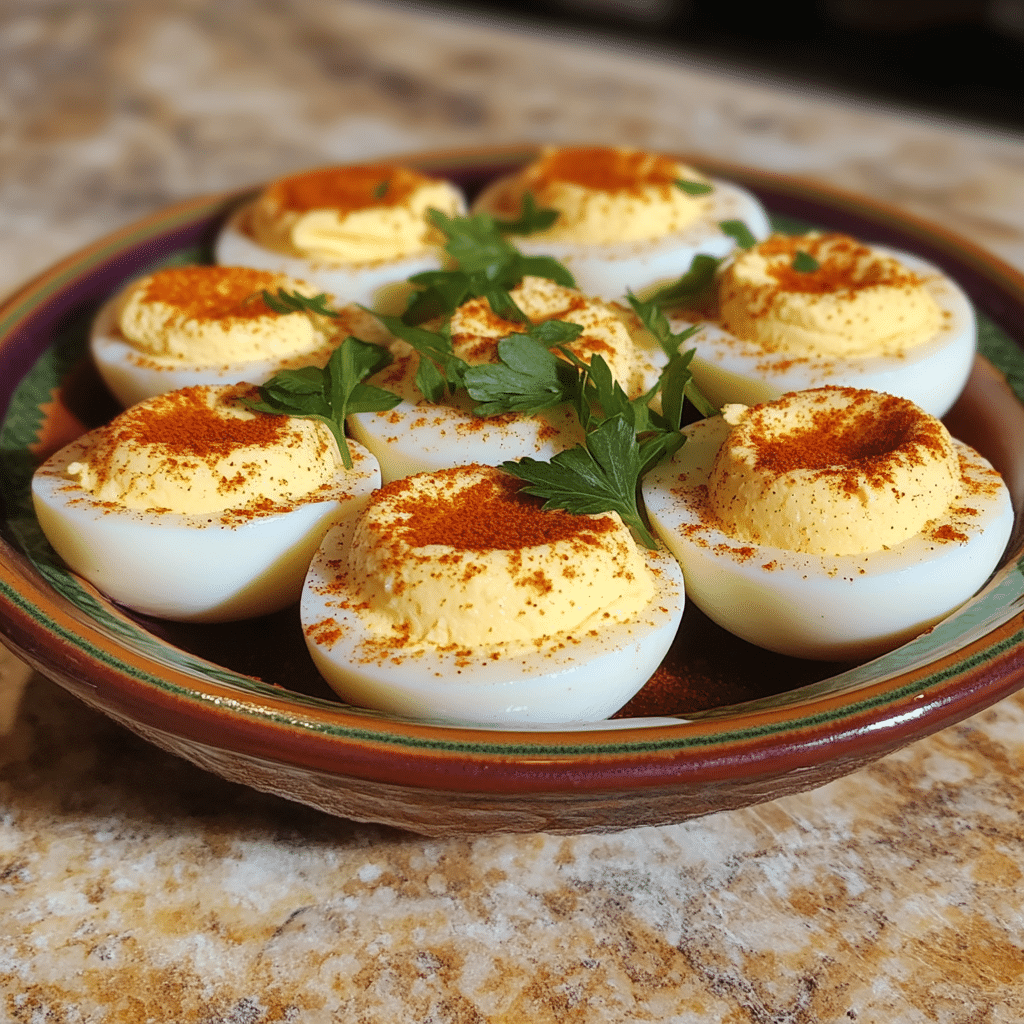 Homemade black folks soul food southern deviled eggs in a serving dish in a bright kitchen