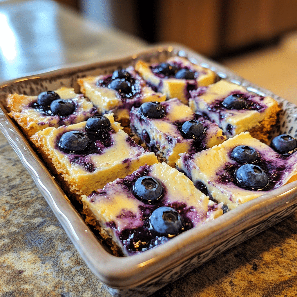 Homemade blueberry lemon cheesecake bars in a serving dish in a bright kitchen