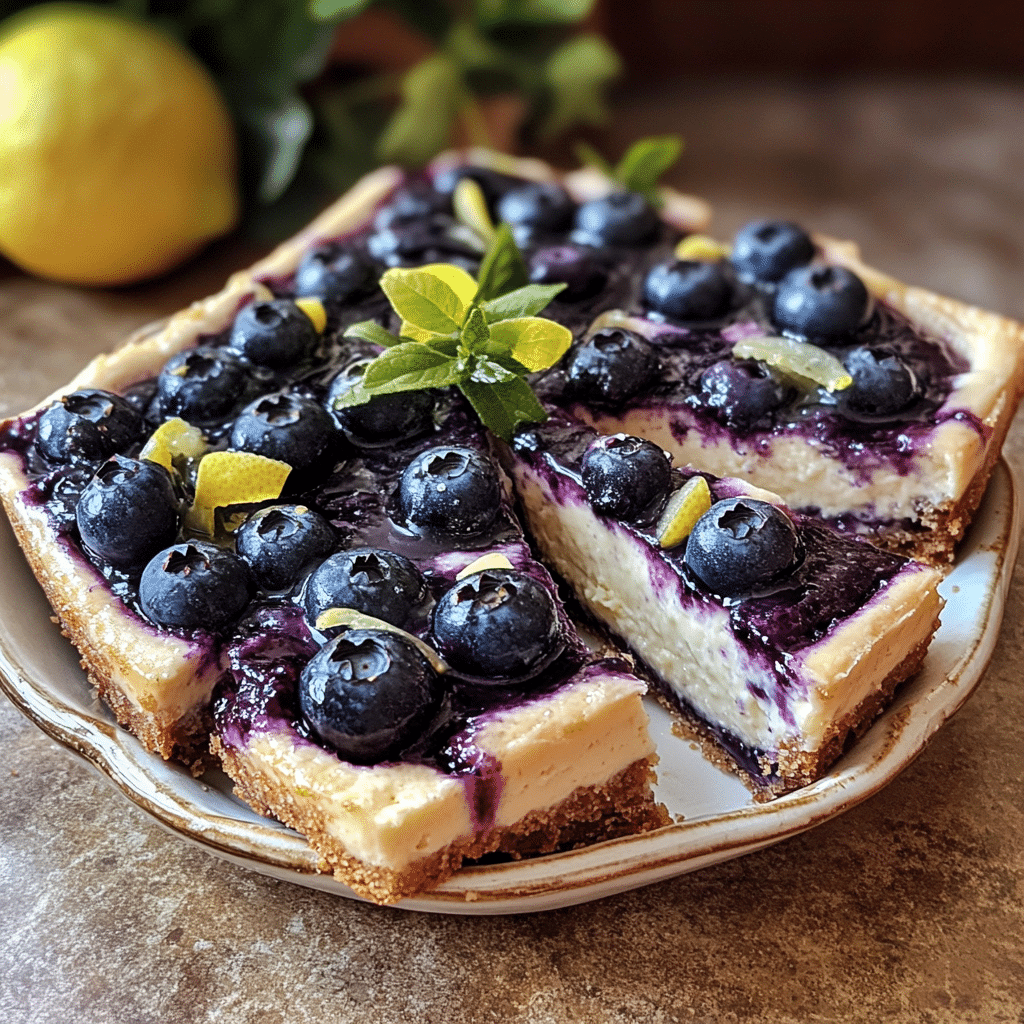Homemade blueberry lemon cheesecake bars in a serving dish in a bright kitchen