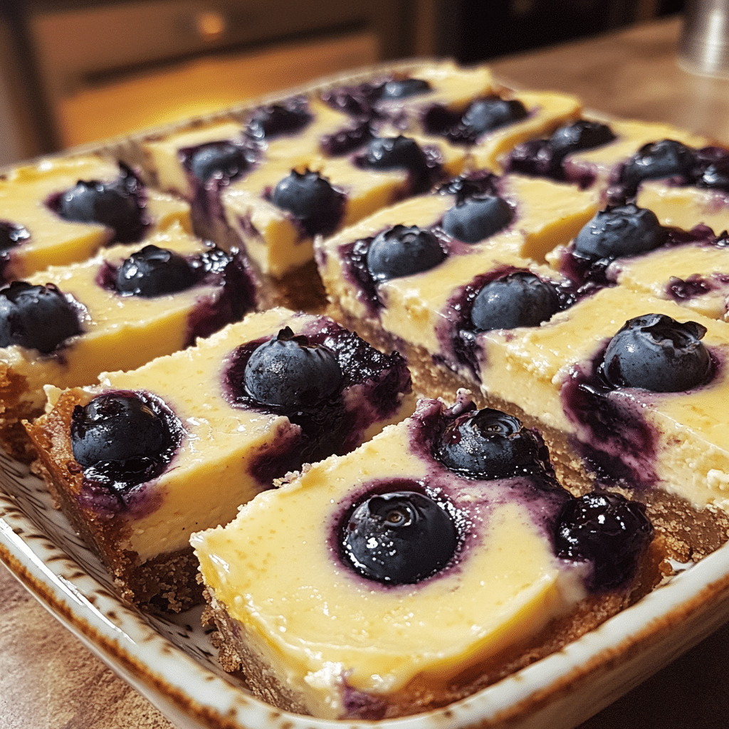 Homemade blueberry lemon cheesecake bars - stay at home mum in a serving dish in a bright kitchen