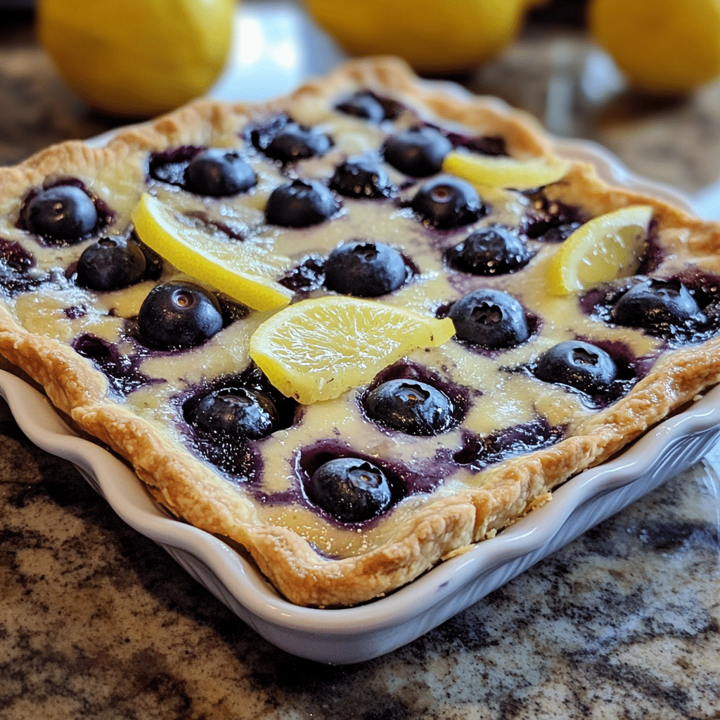 Homemade blueberry lemon pie bars irresistible treat that you will want to make for any gathering in a serving dish in a bright kitchen