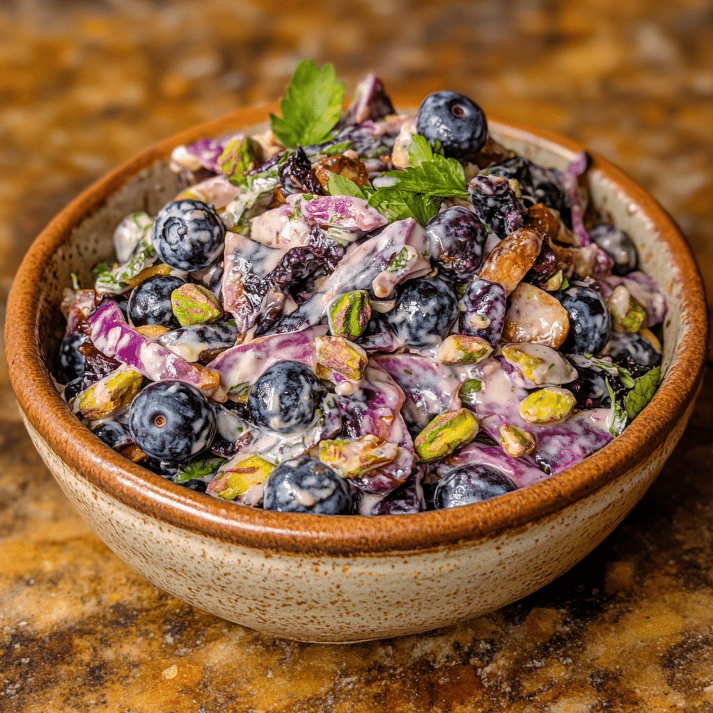 Homemade blueberry pistachio spring salad in a serving dish in a bright kitchen