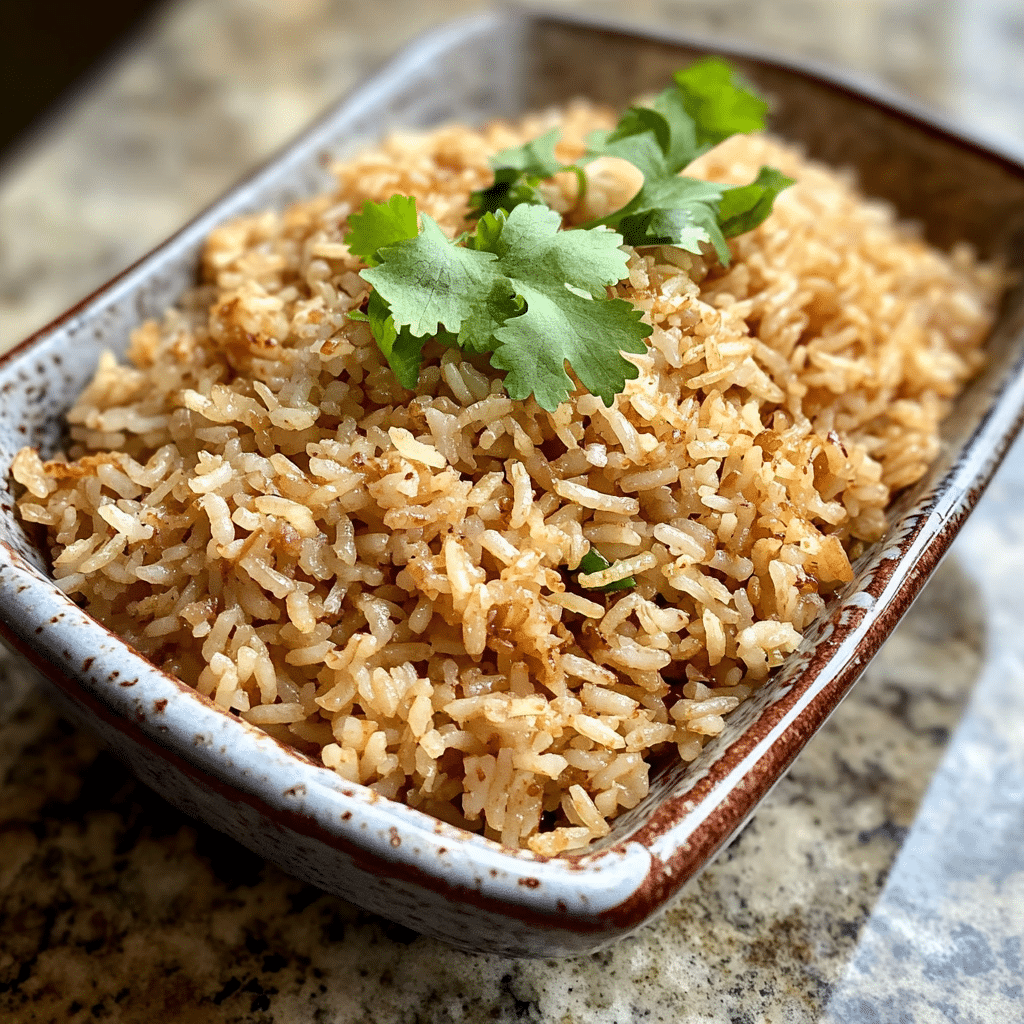 Homemade bobby flay’s crispy rice in a serving dish in a bright kitchen