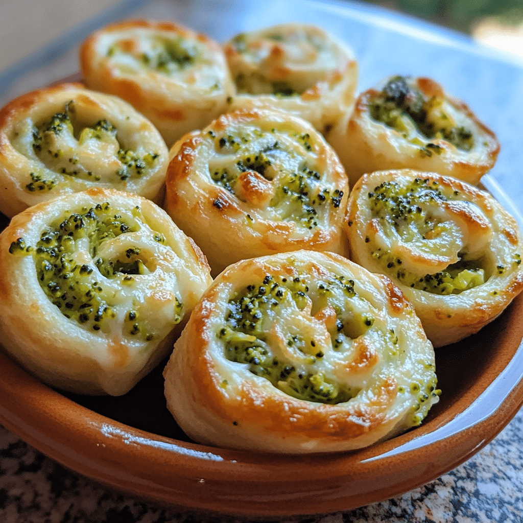 Homemade broccoli cheese pinwheels - real little meals in a serving dish in a bright kitchen
