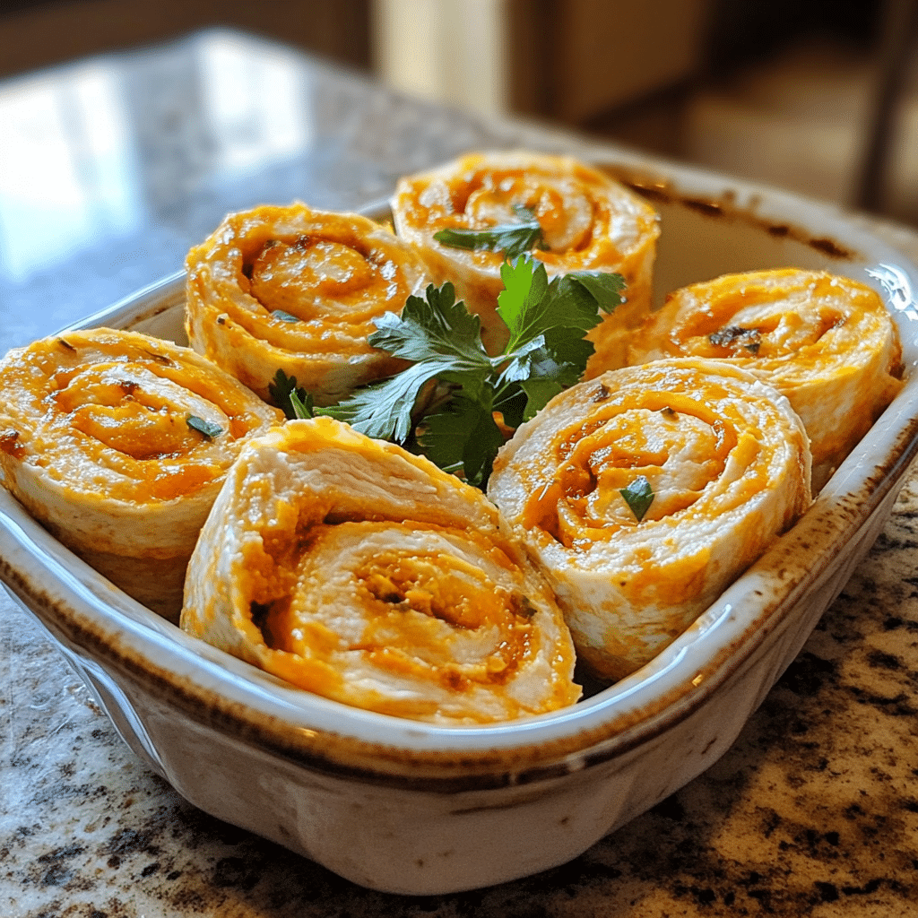 Homemade buffalo chicken pinwheels (five ingredients) - cooking for keeps in a serving dish in a bright kitchen
