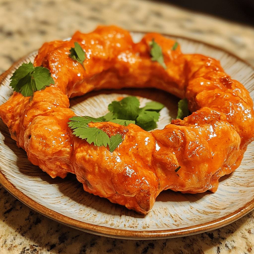 Homemade buffalo chicken ring halal version served in a dish in a bright kitchen