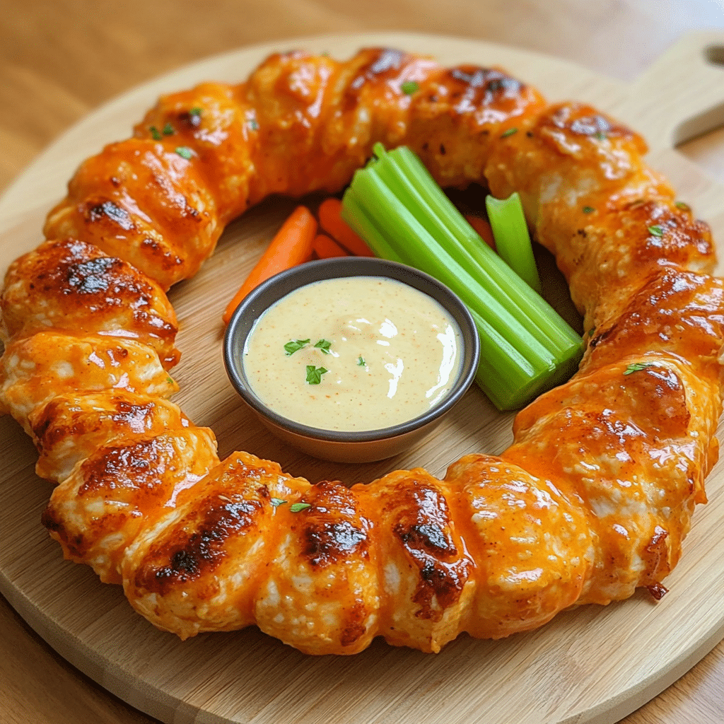 Homemade buffalo chicken ring with carrots and celery