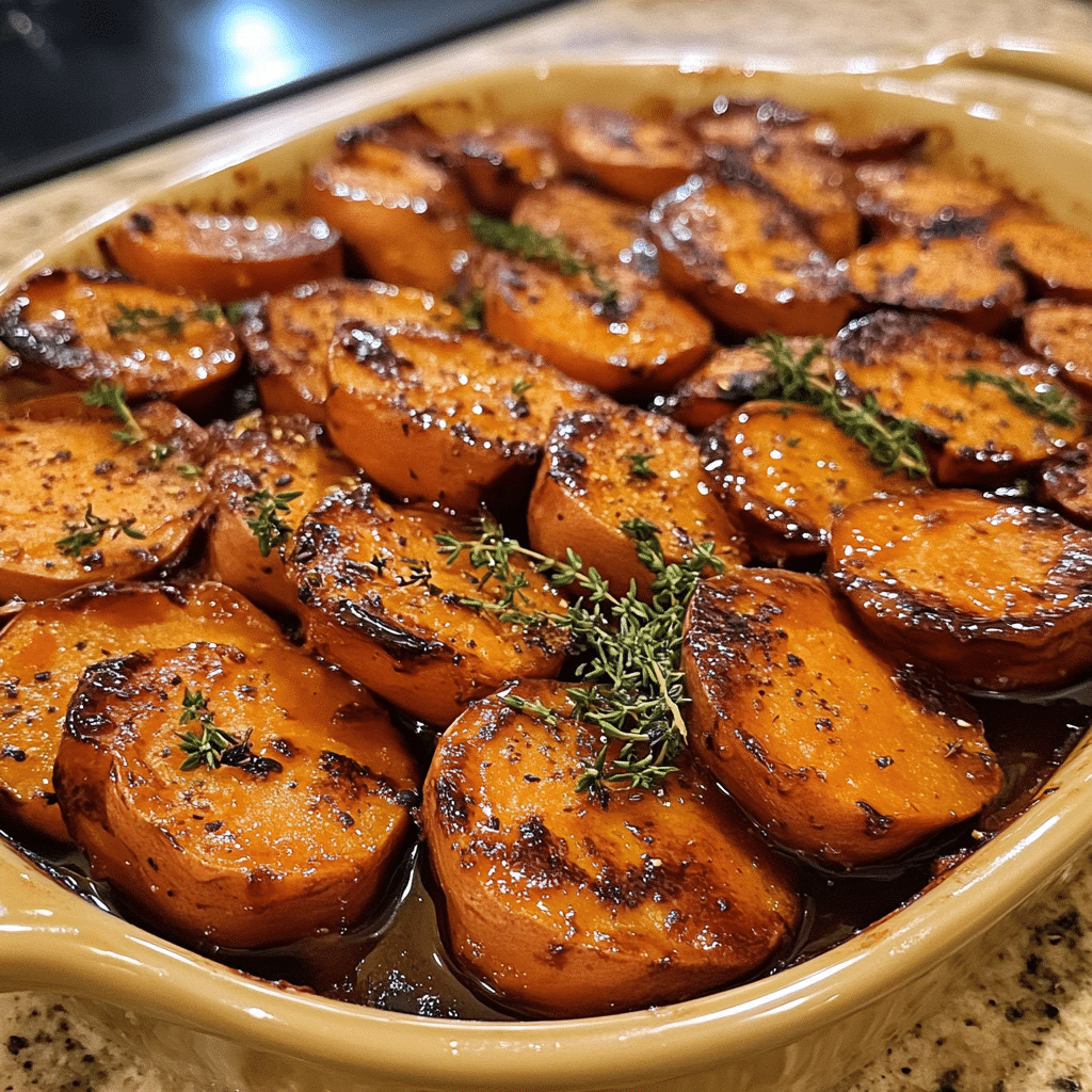 melt in your mouth sweet potatoes in a baking dish with caramelized edges