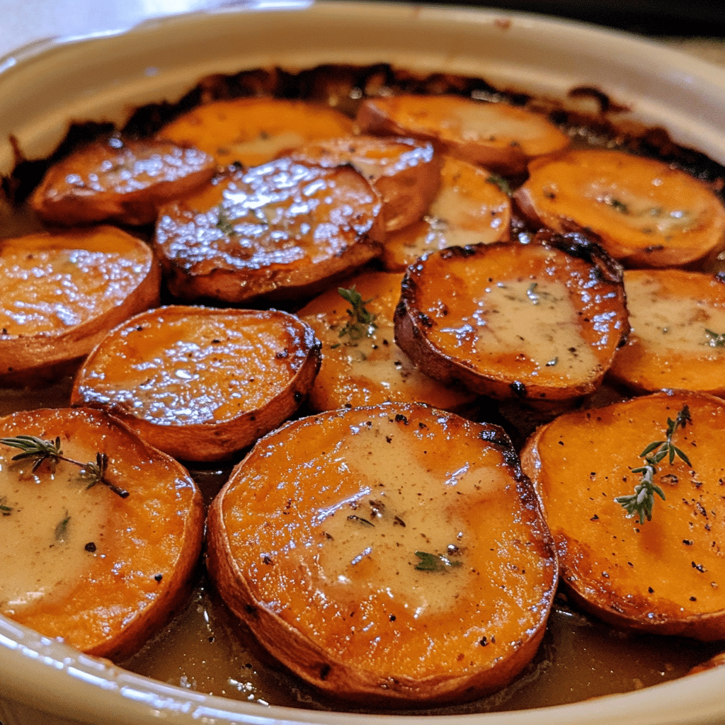 melting sweet potatoes in a baking dish with caramelized edges
