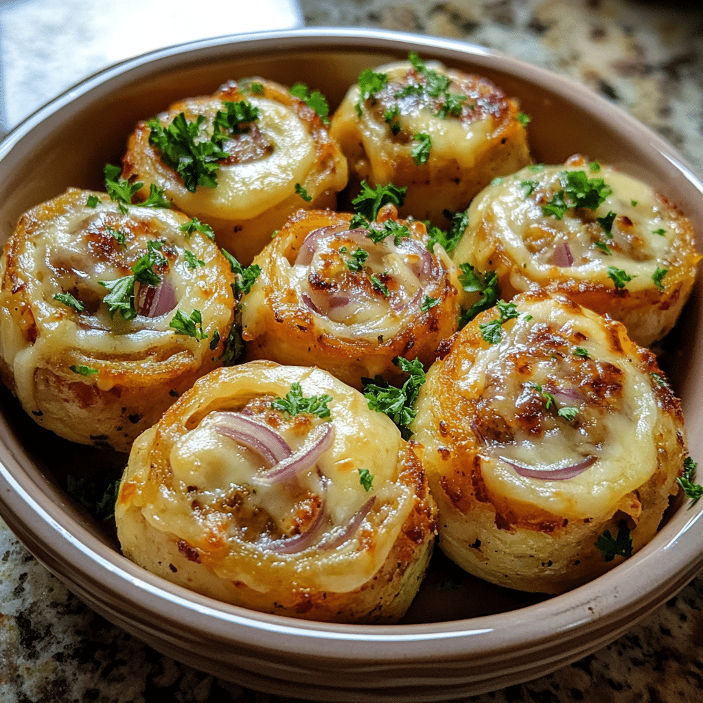 Homemade cheese and onion savory meatball rolls in a serving dish in a bright kitchen