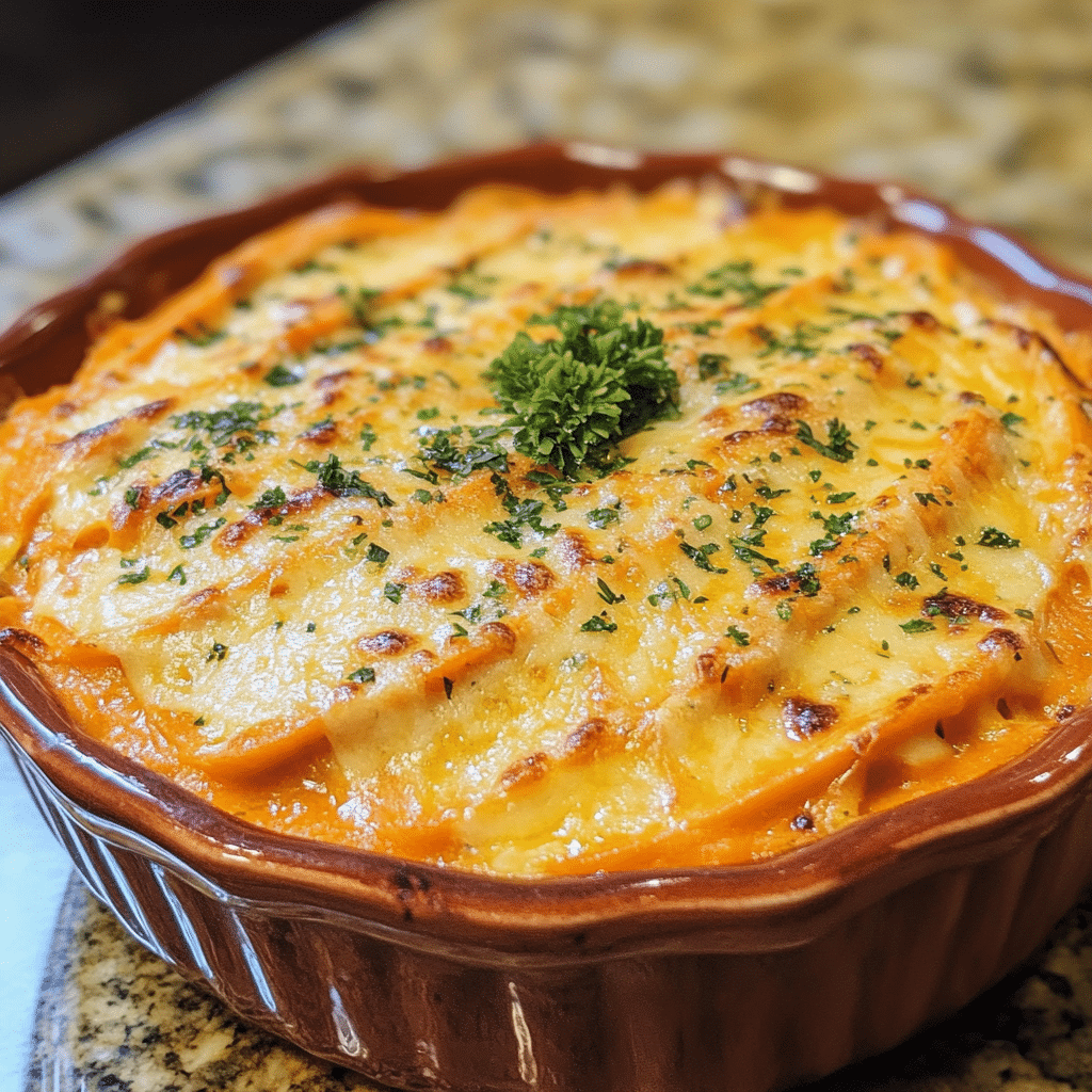 Homemade cheesy carrot casserole in a serving dish in a bright kitchen