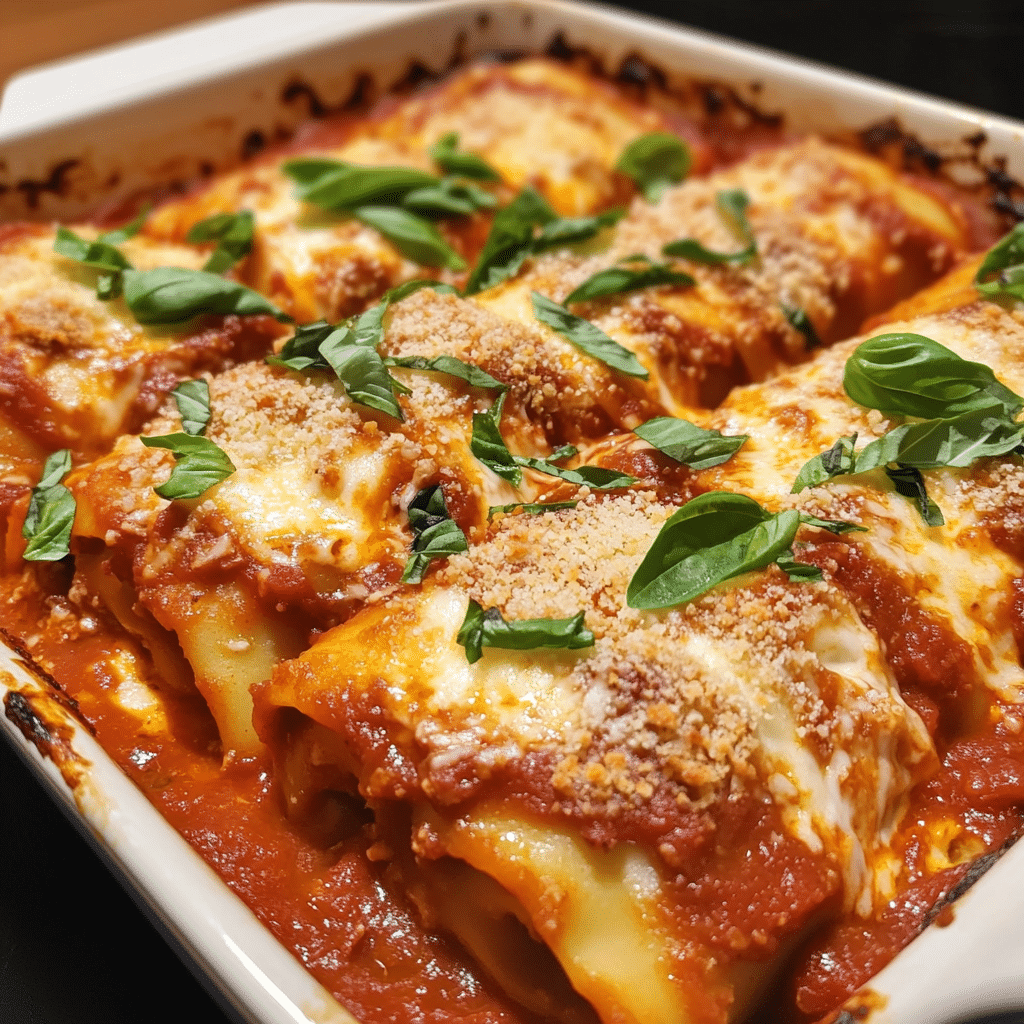 lasagna rolls in a baking dish with marinara and melted cheese