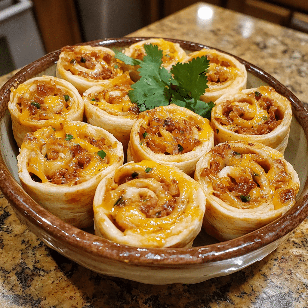 Homemade cheesy taco pinwheels are a crowd-pleasing and delicious snack in a serving dish in a bright kitchen