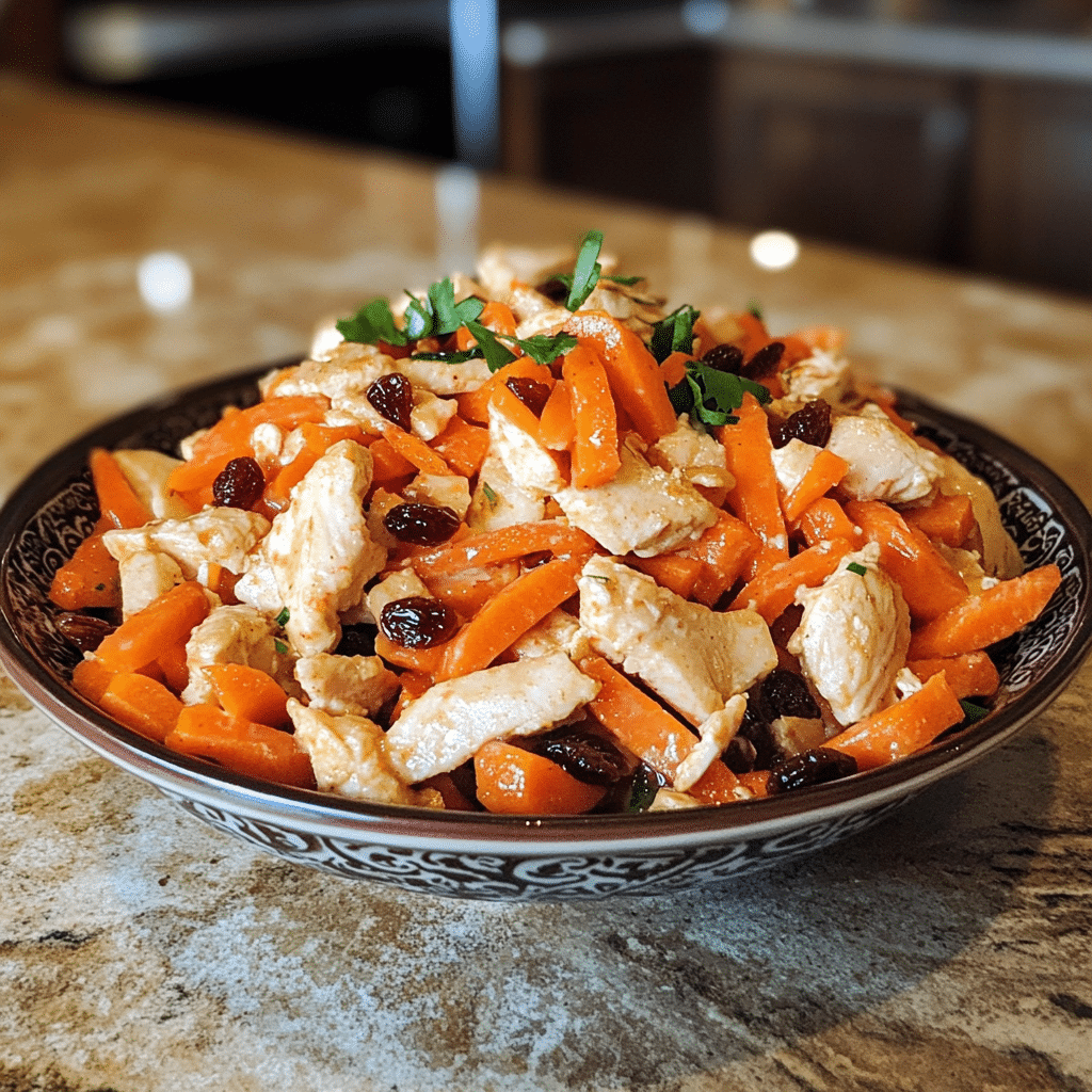 Homemade chick-fil-a carrot & raisin salad - plain chicken in a serving dish in a bright kitchen