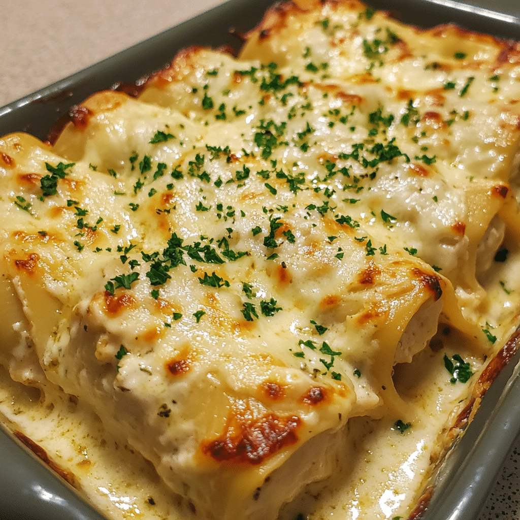 chicken alfredo lasagna roll ups baked in creamy sauce with melted cheese