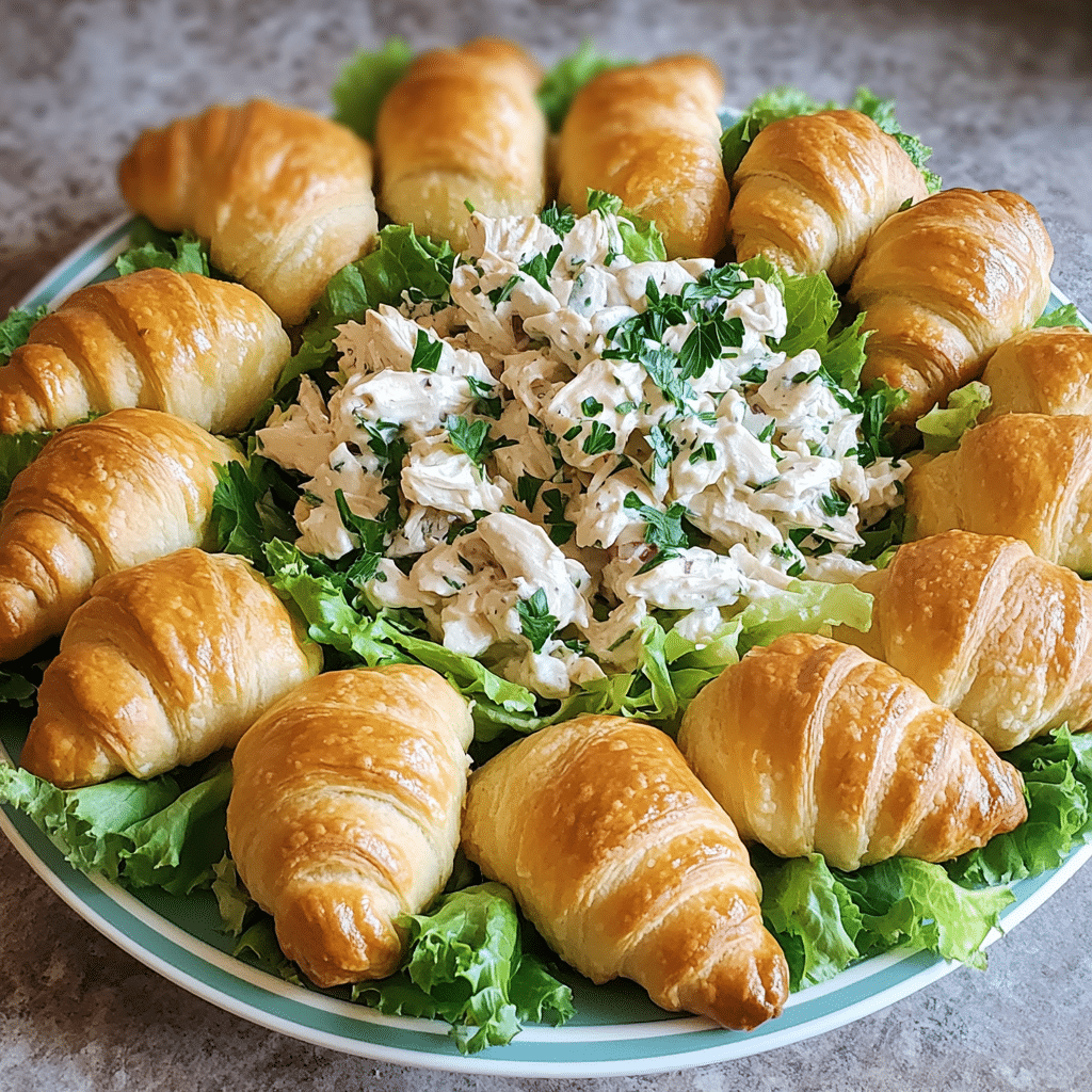 chicken salad crescent rolls on a platter with lettuce and herbs