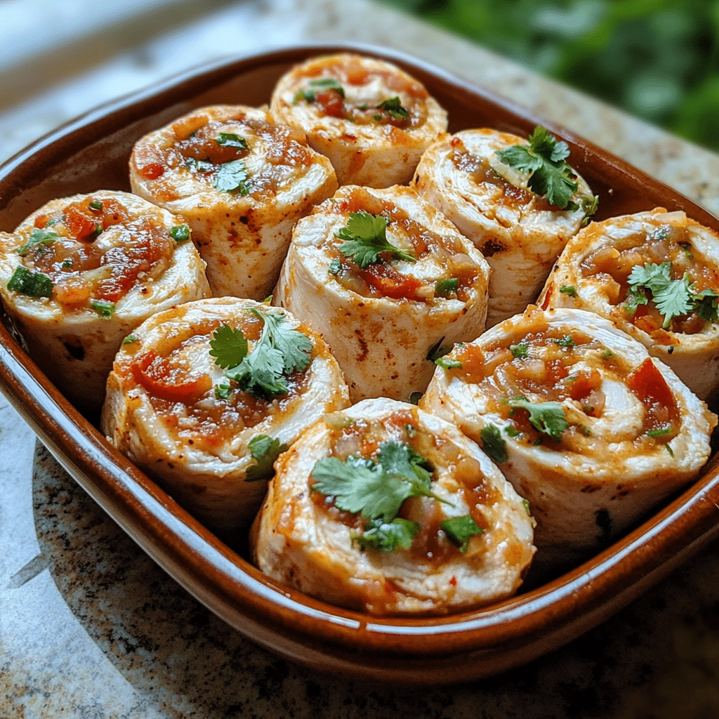 Homemade chicken salsa roll ups - plain chicken in a serving dish in a bright kitchen
