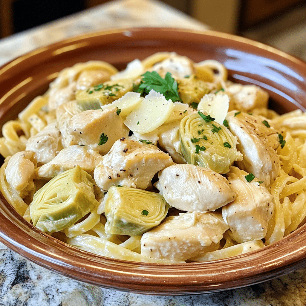 Homemade chicken and artichoke pasta in a serving dish in a bright kitchen