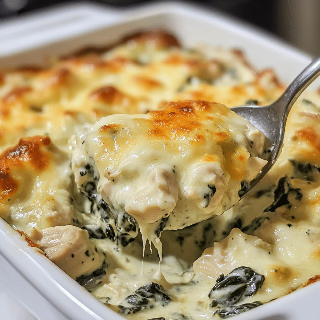 Baking dish of chicken and spinach casserole with creamy sauce and melted cheese on top