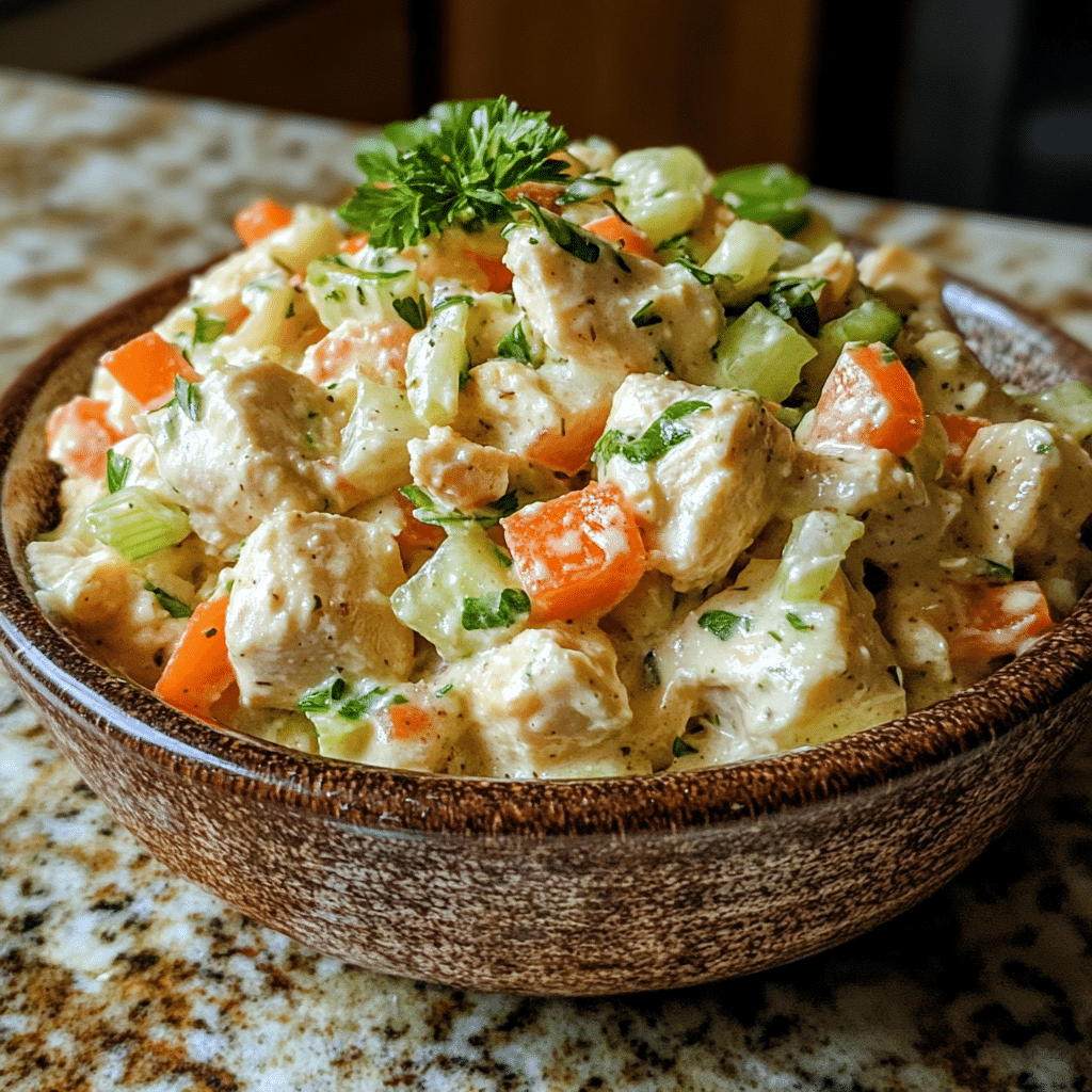 Homemade classic chicken salad in a serving dish in a bright kitchen