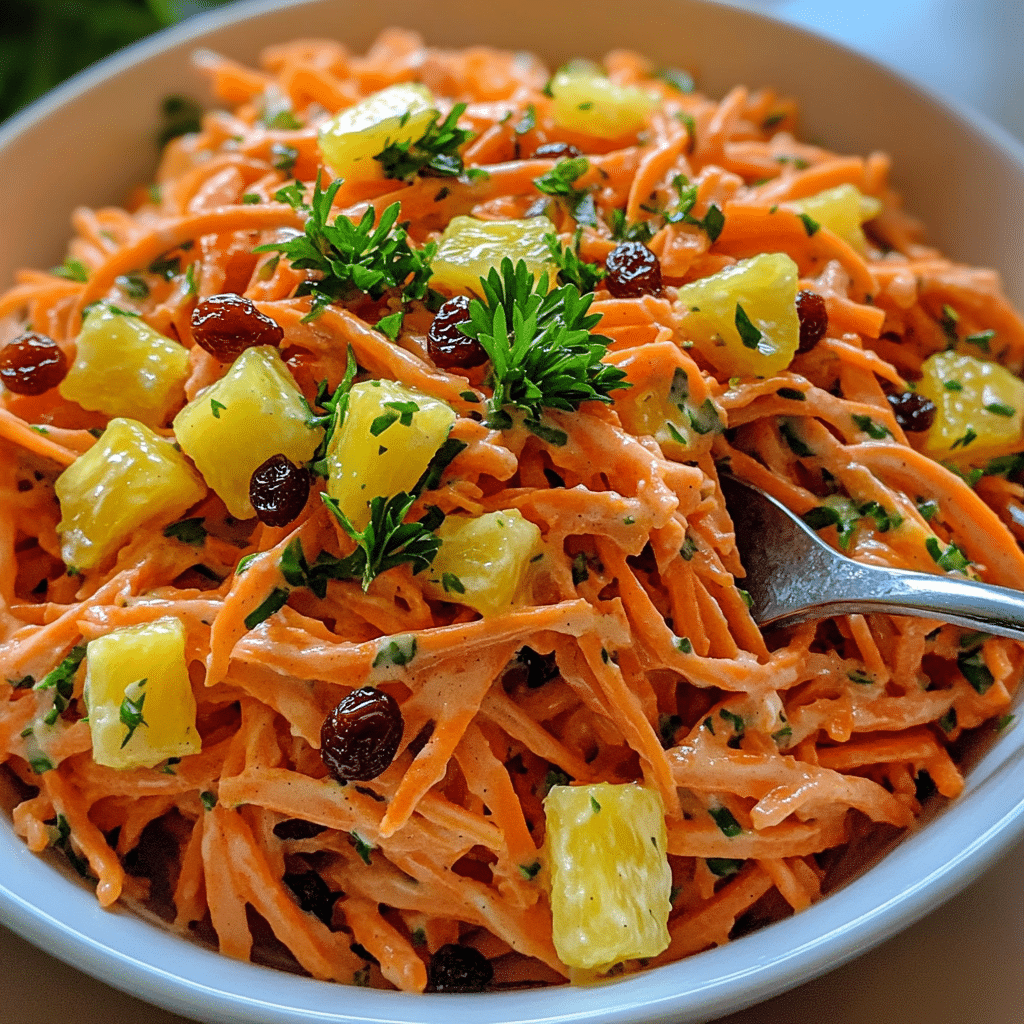 Bowl of creamy carrot salad made with shredded carrots, raisins, and pineapple
