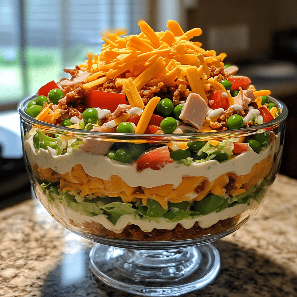 Kraft 7 layer salad layered in a glass bowl with creamy dressing on top