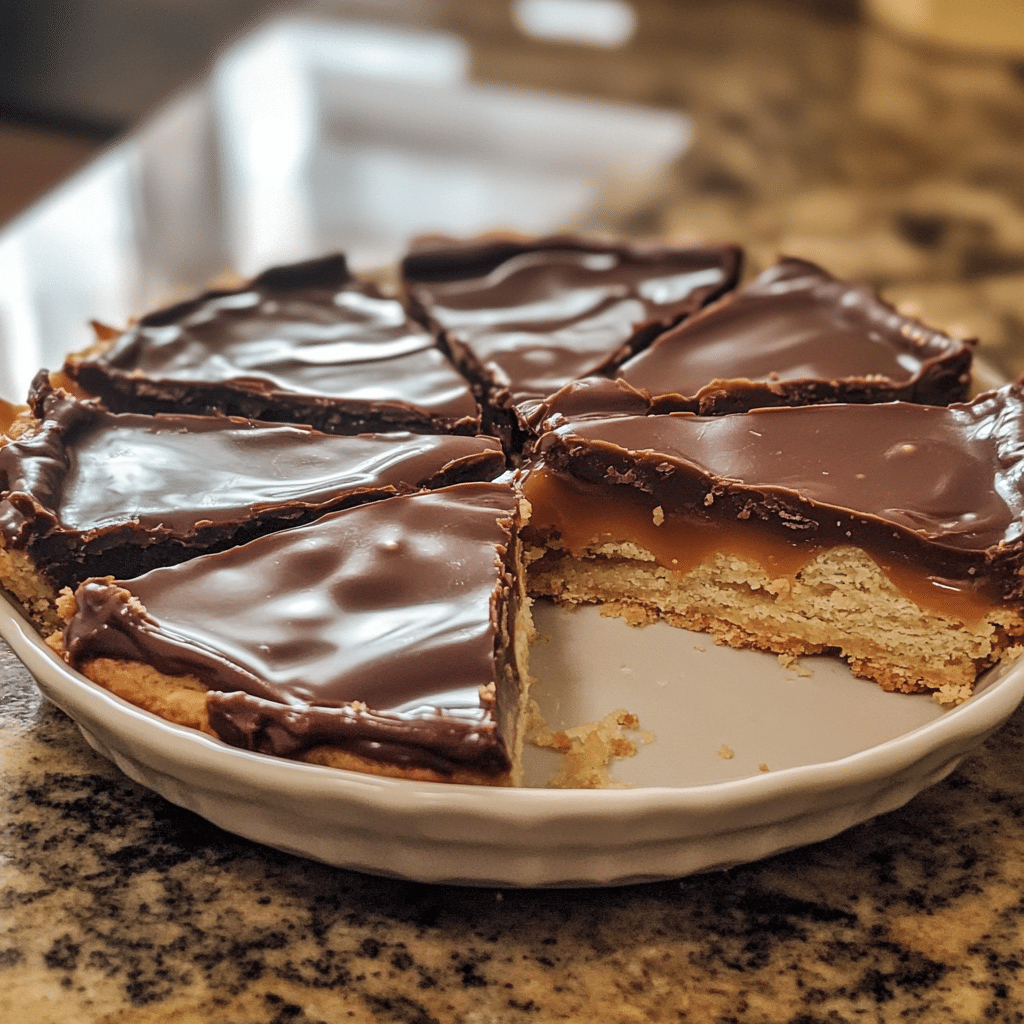 Homemade classic millionaire shortbread recipe with caramel and chocolate in a serving dish in a bright kitchen