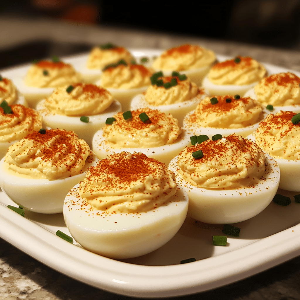 old school deviled eggs on a platter with paprika