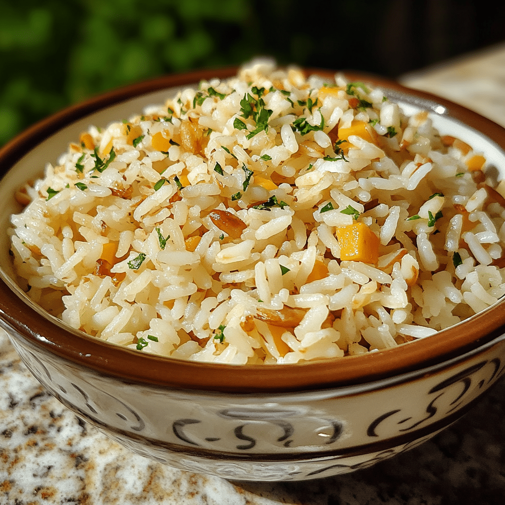 Homemade classic rice almondine (amandine) in a serving dish in a bright kitchen