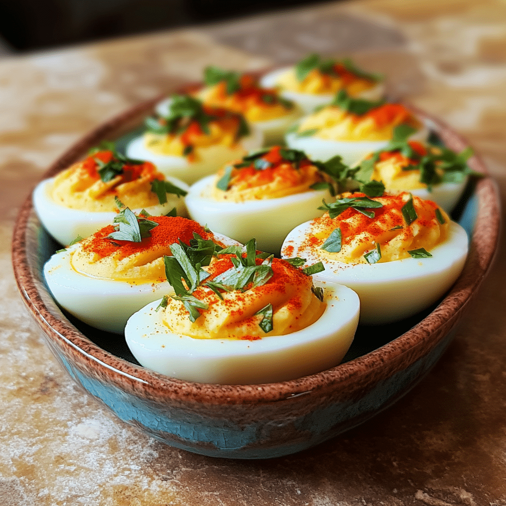 Homemade colorful easter deviled egg recipe! in a serving dish in a bright kitchen
