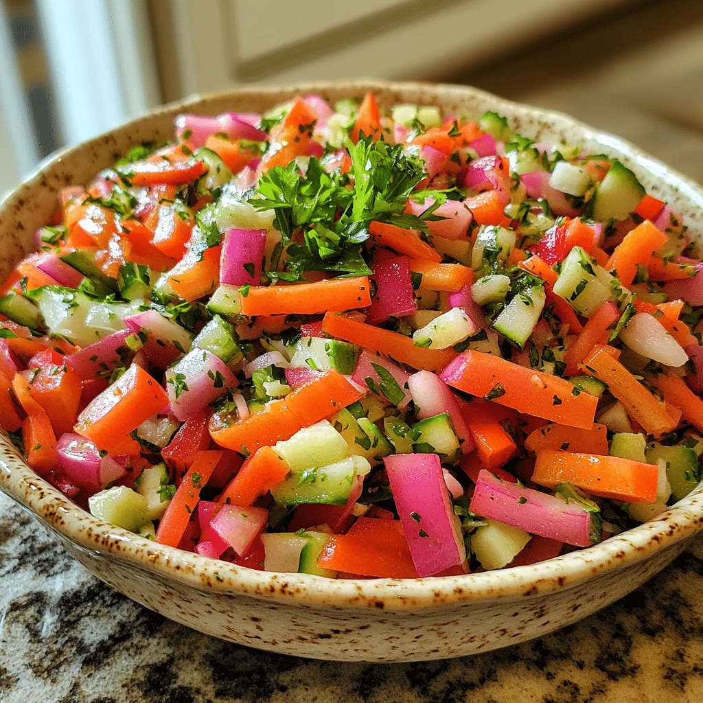 Homemade colorful spring salad for easter in a serving dish in a bright kitchen