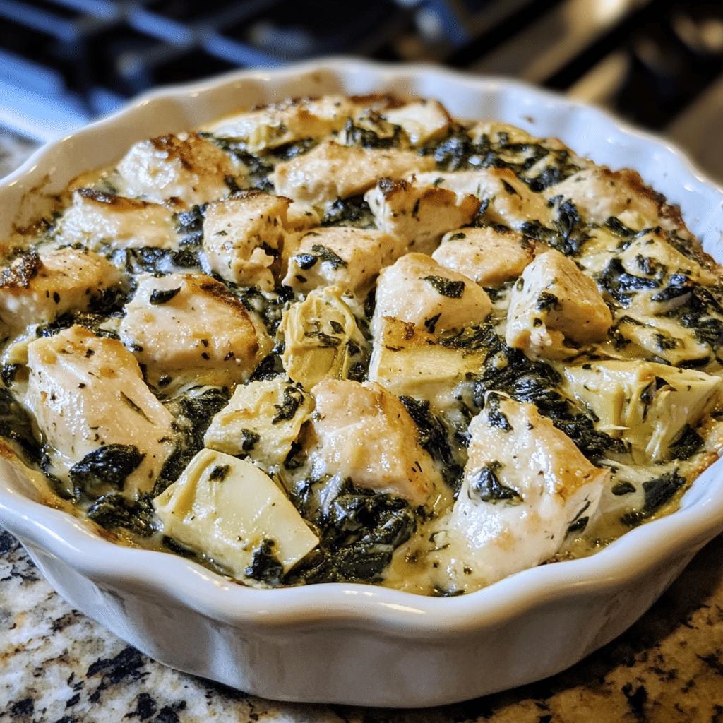 Homemade comforting high-protein spinach and artichoke chicken bake in a serving dish in a bright kitchen