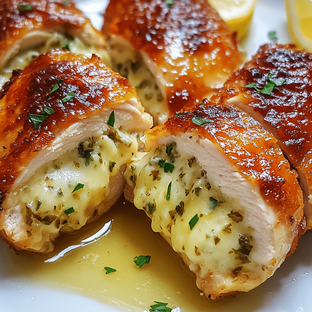 Golden baked stuffed chicken sliced open with creamy herb and cheese filling on a plate