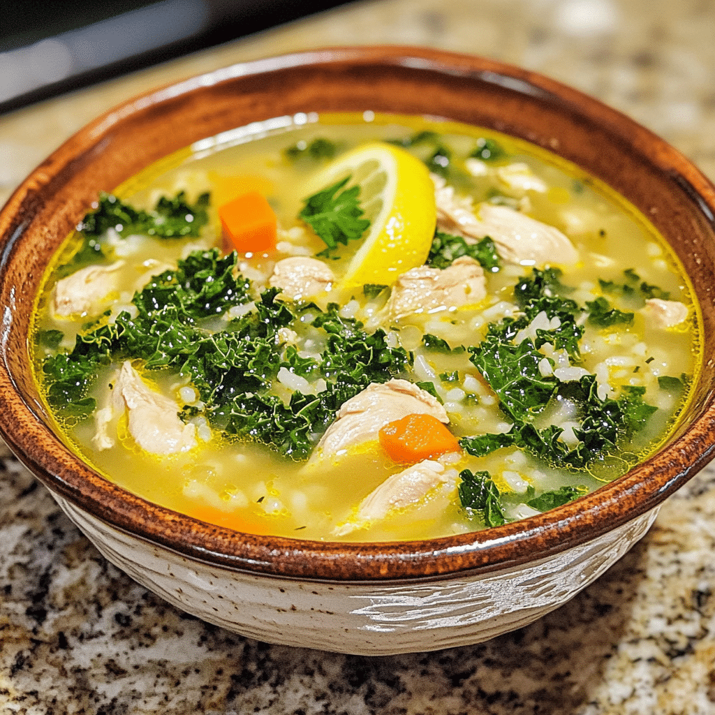 Homemade cozy lemon chicken soup with kale and rice recipe in a serving dish in a bright kitchen